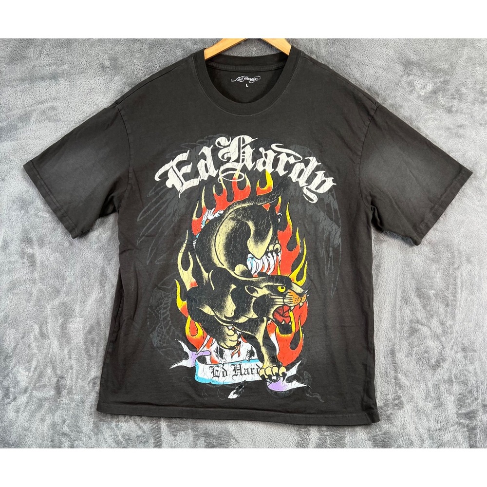 Ed Hardy Fire Panther T Shirt Mens Large Black Graphic Tee Faded